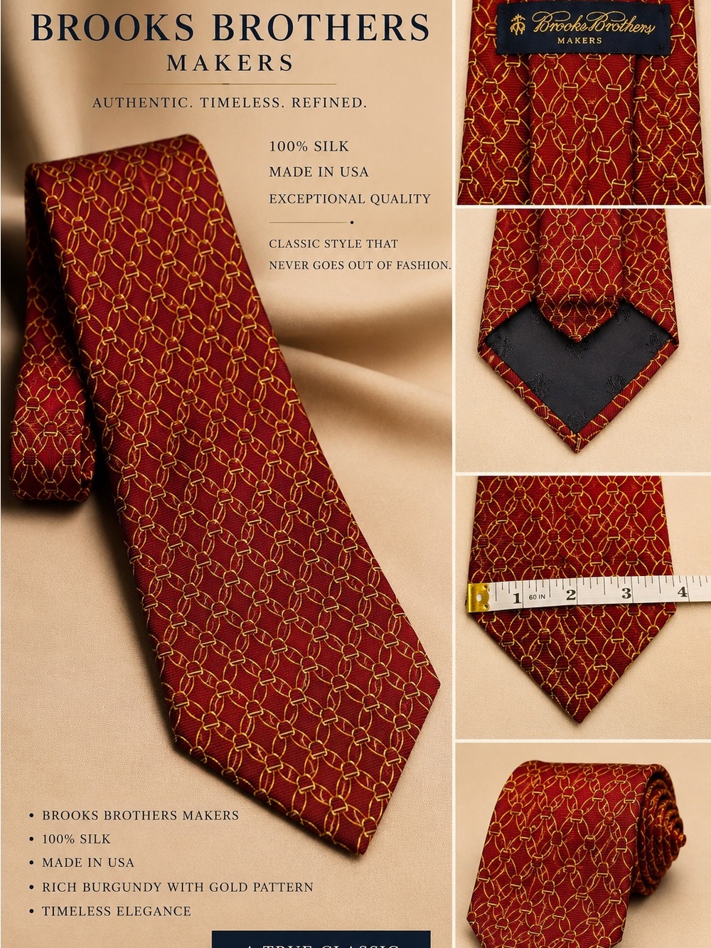 Brooks Brothers Burgundy and Gold Silk Geometric Tie